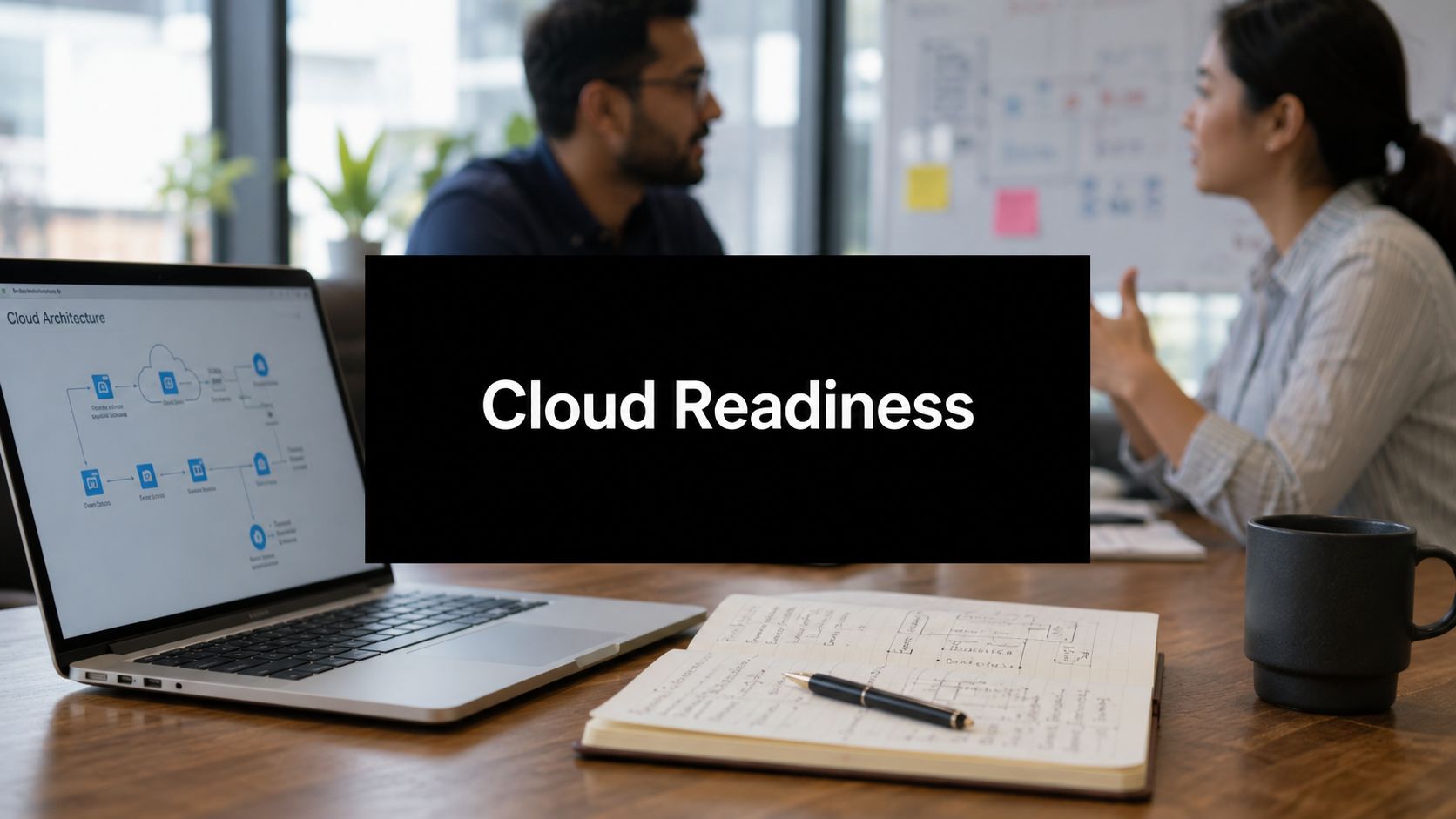 Office scene with a laptop, notebook, and mug on a wooden table; a black slide reading 'Cloud Readiness' is centered on screen, suggesting a presentation about cloud strategy.