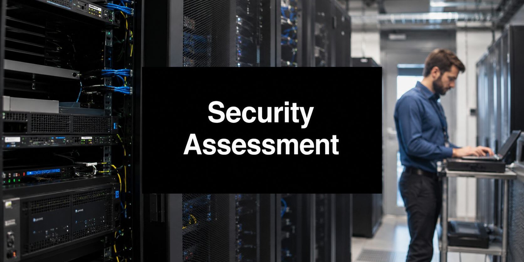 cyber-security-assessment-services-data-center Server racks in a data center with a large sign reading 'Security Assessment' and a technician using a laptop at a mobile workstation nearby
