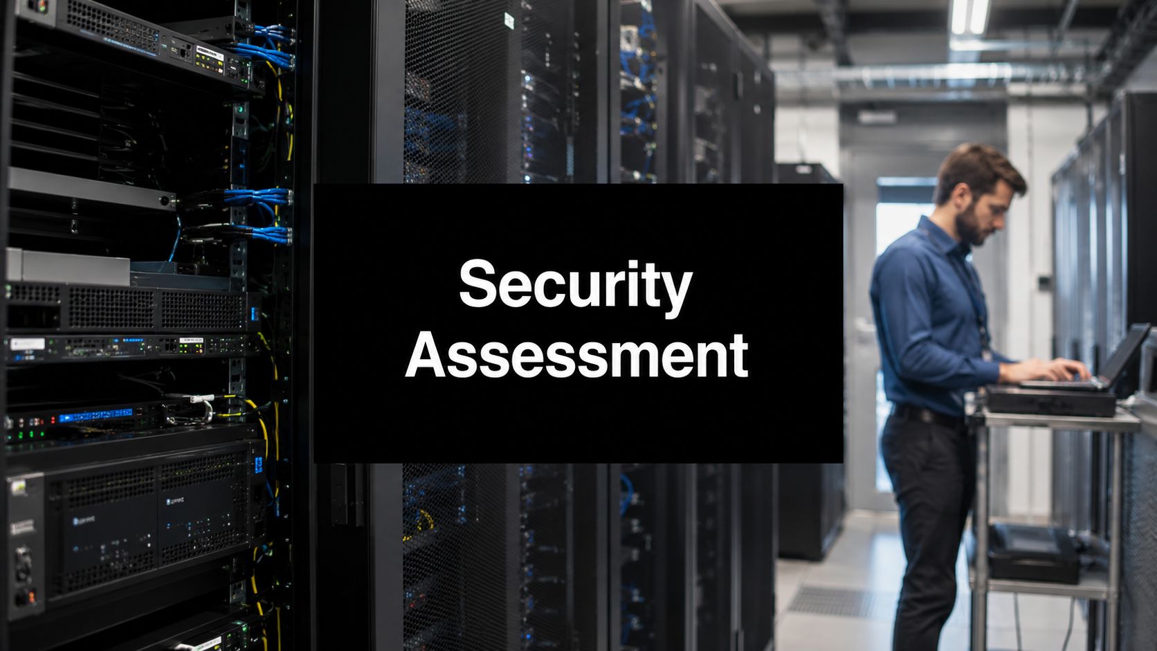 Server racks in a data center with a large sign reading 'Security Assessment' and a technician using a laptop at a mobile workstation nearby