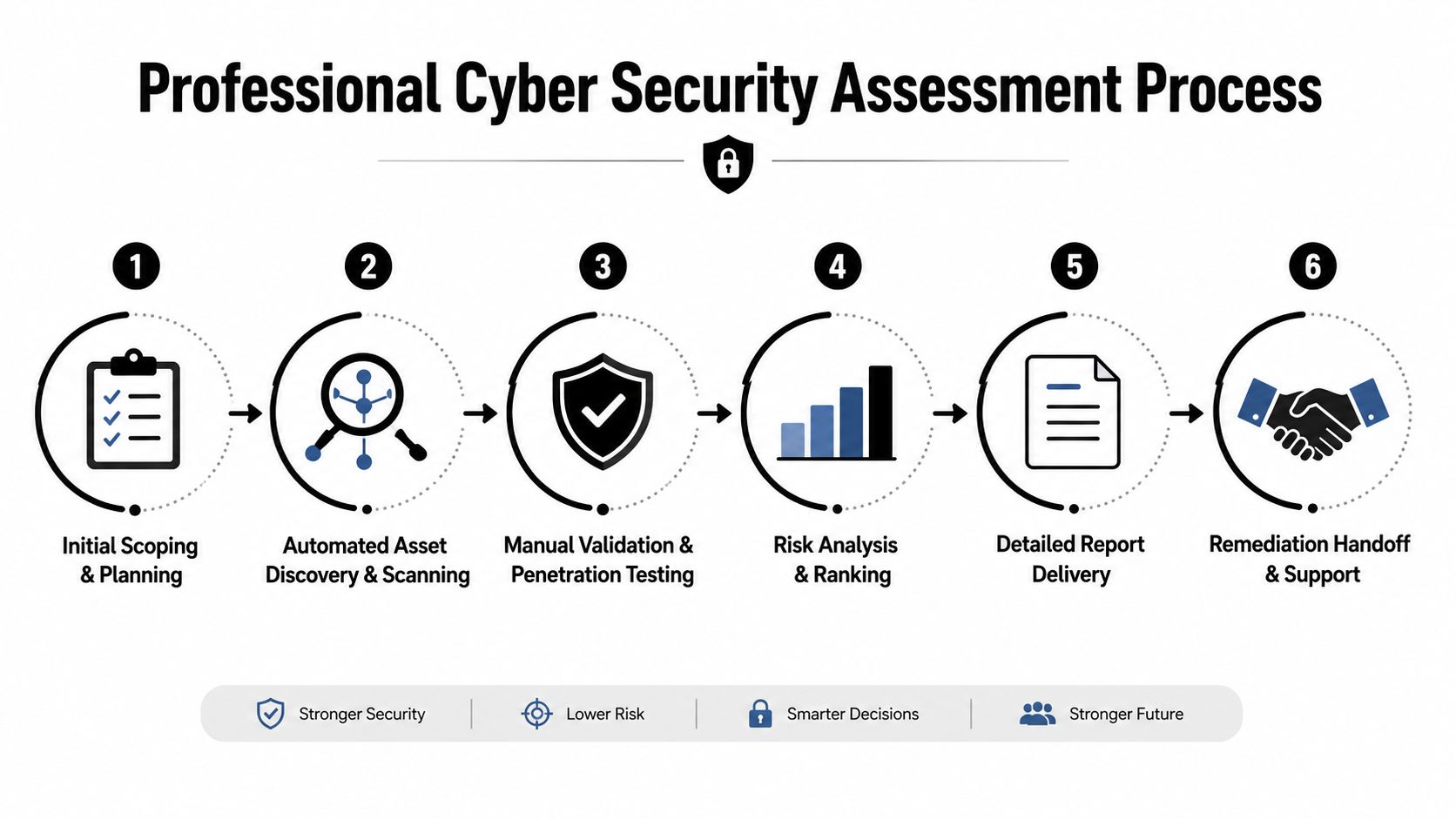 A six-step infographic illustrating a professional cyber security assessment process from initial scoping to remediation handoff.
