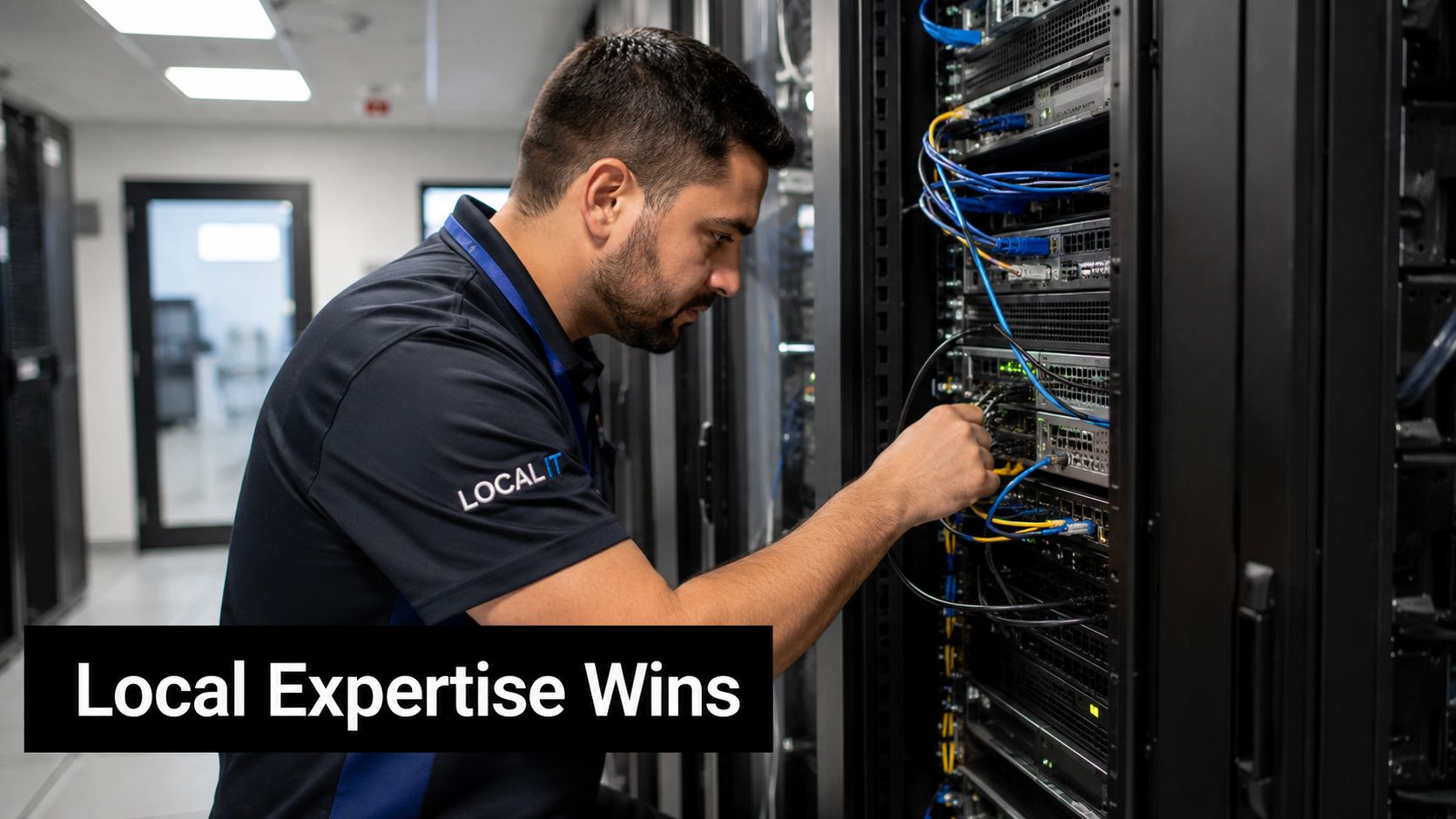 A technician wearing a Local IT branded shirt works on hardware in a server room facility.