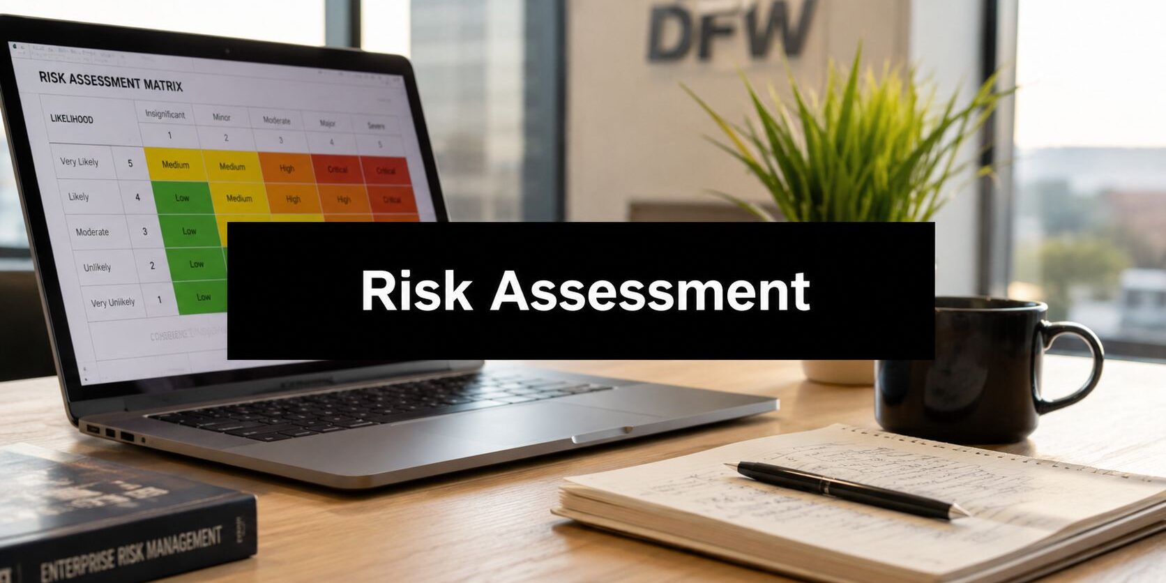 cybersecurity-risk-assessment-template-risk-assessment Laptop on a wooden desk showing a risk assessment matrix on screen, with a notebook, pen and mug nearby; large 'Risk Assessment' banner across the image.