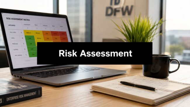 cybersecurity-risk-assessment-template-risk-assessment Laptop on a wooden desk showing a risk assessment matrix on screen, with a notebook, pen and mug nearby; large 'Risk Assessment' banner across the image.