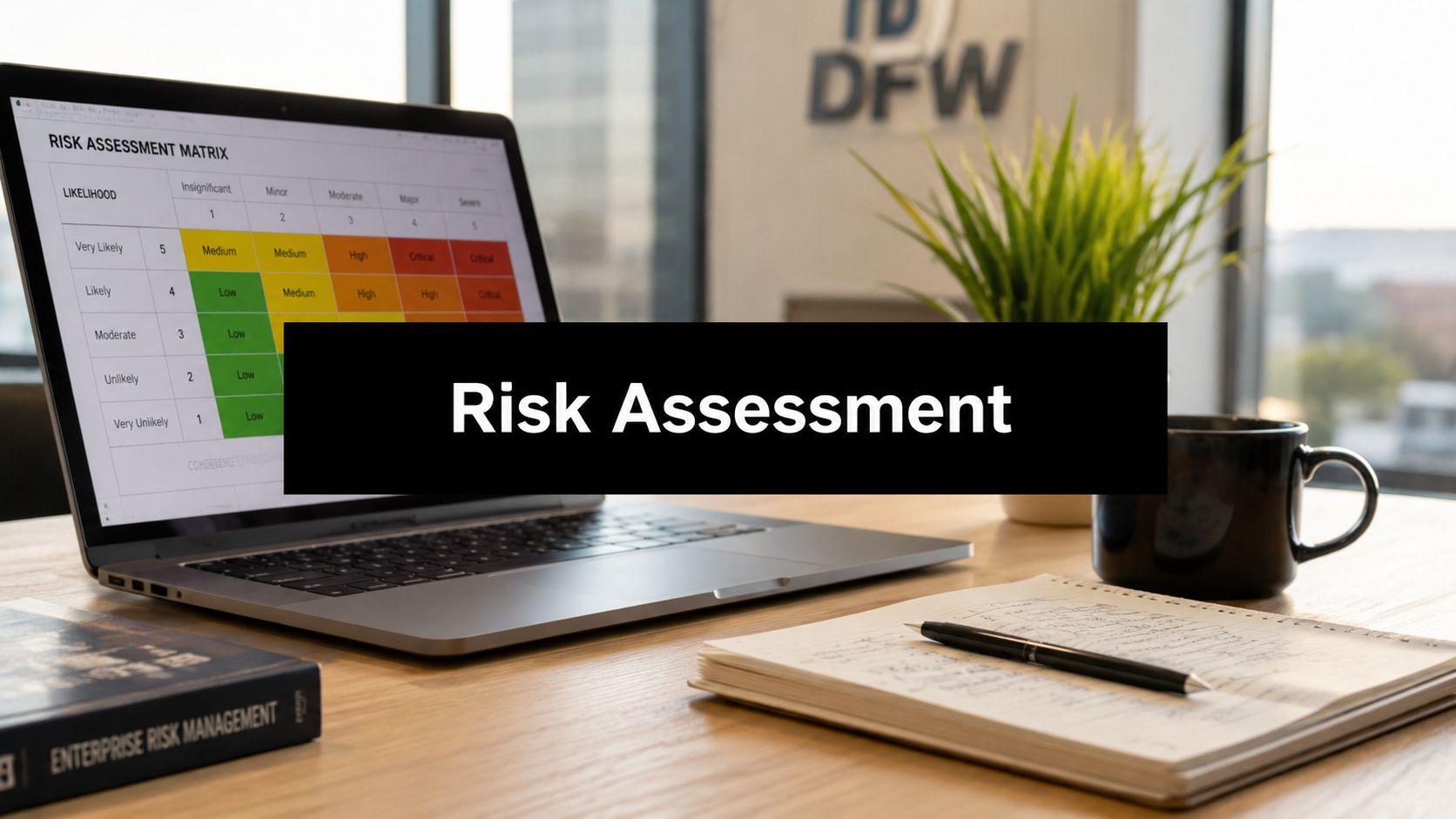 Laptop on a wooden desk showing a risk assessment matrix on screen, with a notebook, pen and mug nearby; large 'Risk Assessment' banner across the image.