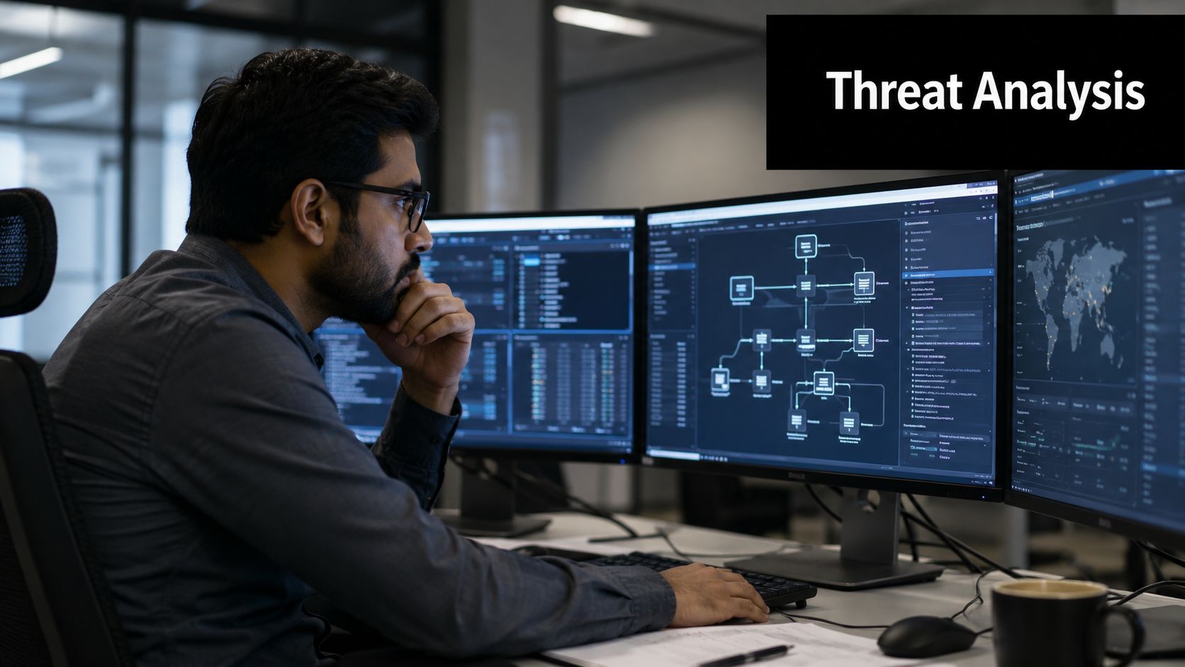 A cybersecurity analyst examines complex digital network flow charts on multiple screens in a modern office environment.