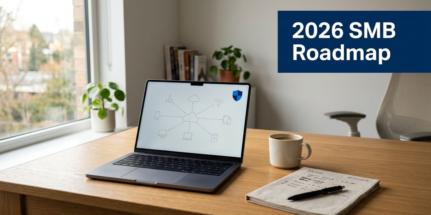 Desk workspace with an open laptop displaying a cloud network diagram, a cup of coffee, a notebook and pen, plants by the window, and a blue '2026 SMB Roadmap' banner to the right.