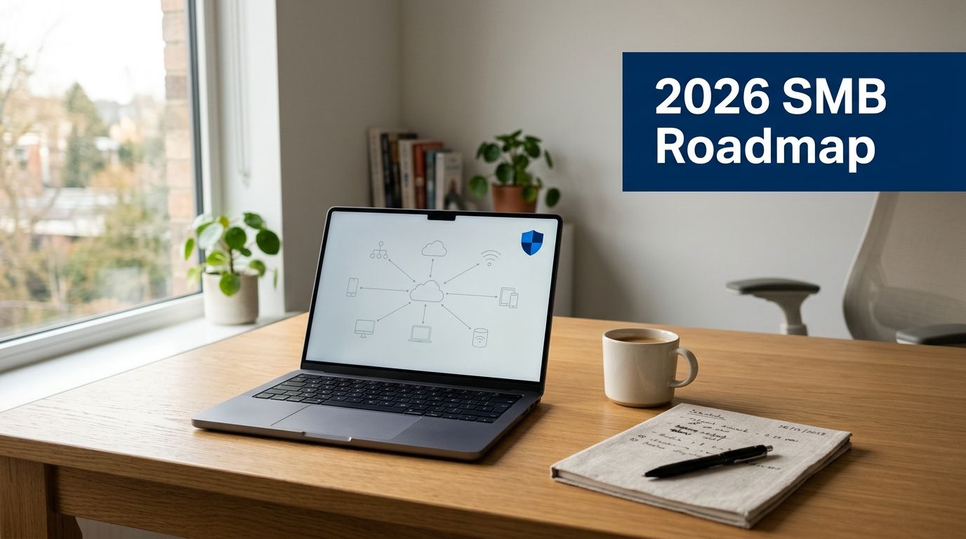 Desk workspace with an open laptop displaying a cloud network diagram, a cup of coffee, a notebook and pen, plants by the window, and a blue '2026 SMB Roadmap' banner to the right.