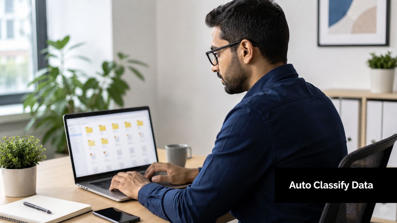 A professional man working on a laptop while organizing digital files for data classification strategies.