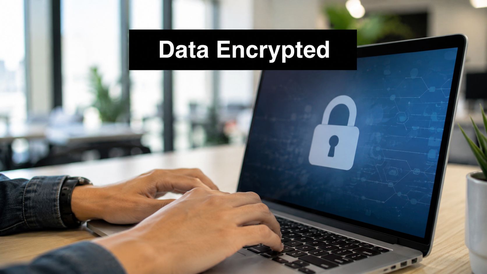 A person working on a laptop displaying a digital lock icon, symbolizing cybersecurity and data protection.
