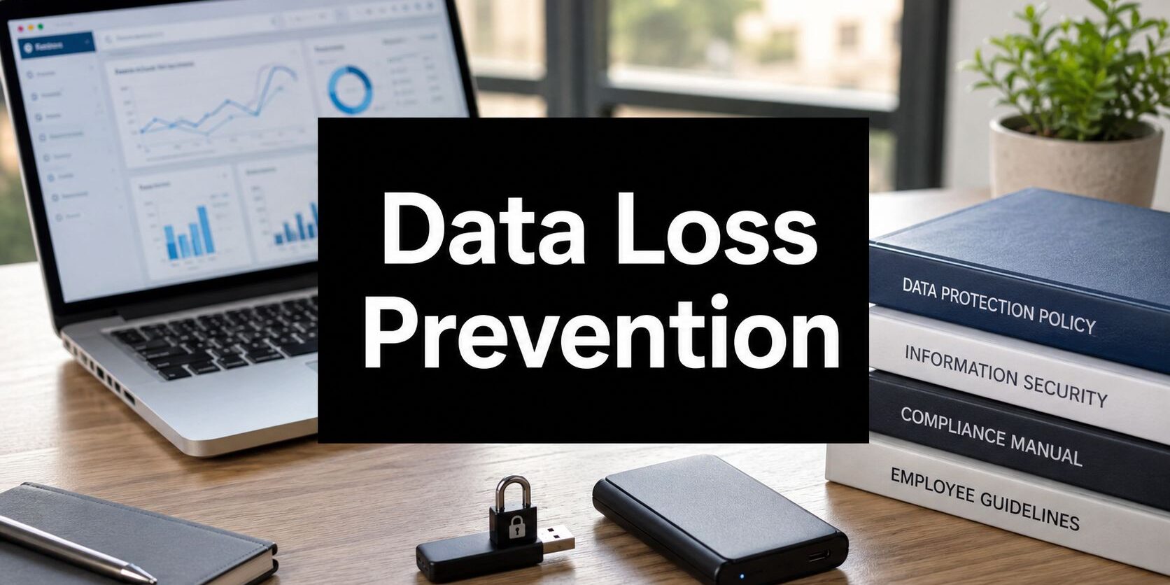 data-loss-prevention-strategies-data-security Data Loss Prevention: desk setup with laptop showing charts, stacked policy books, a USB padlock, and a smartphone.
