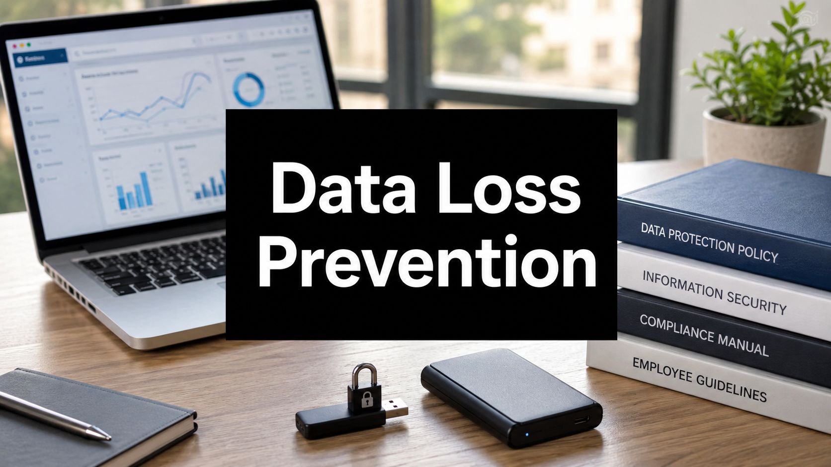 Data Loss Prevention: desk setup with laptop showing charts, stacked policy books, a USB padlock, and a smartphone.