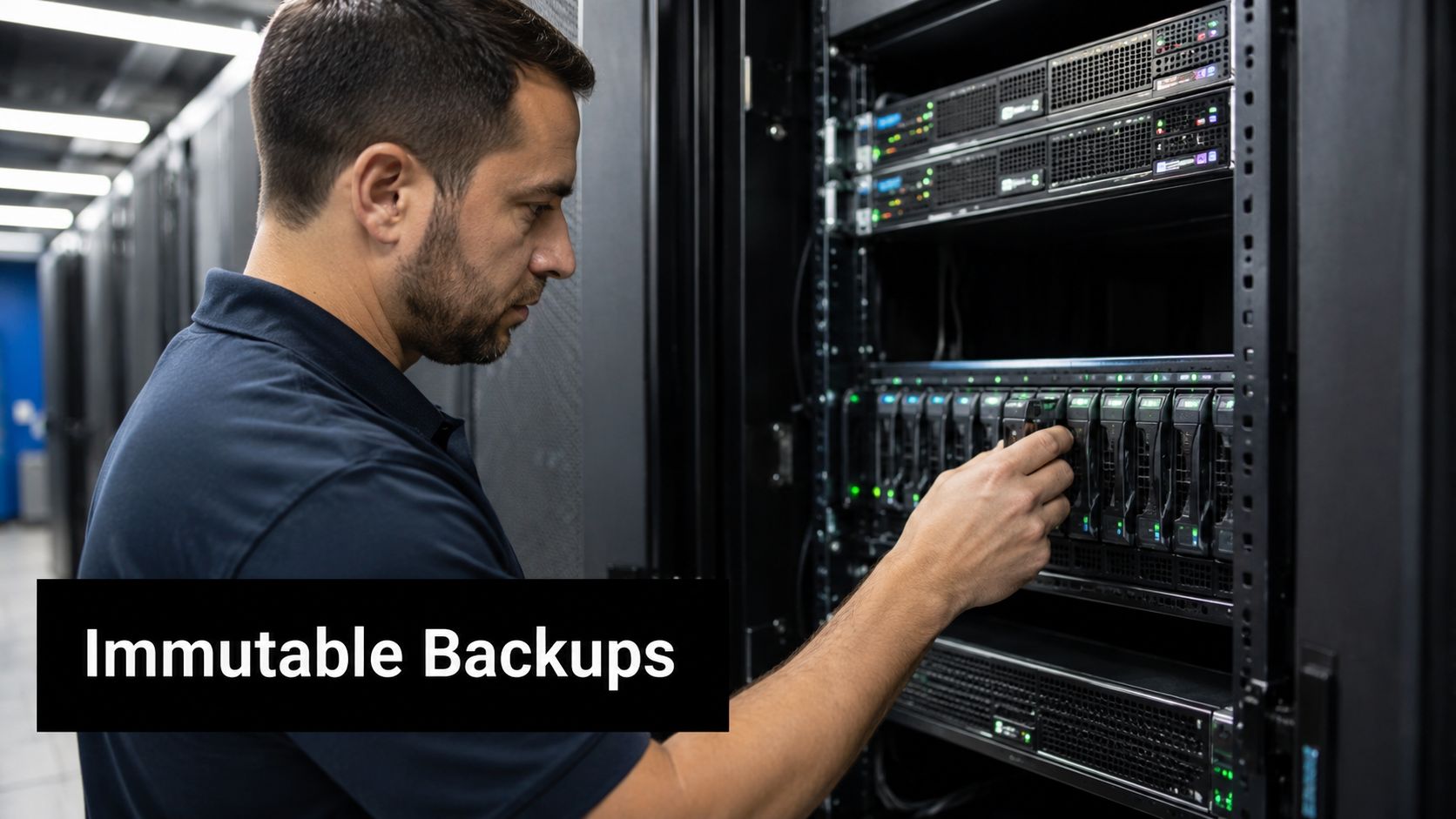 A technician performing maintenance on a rack-mounted server storage system in a secure data center environment.
