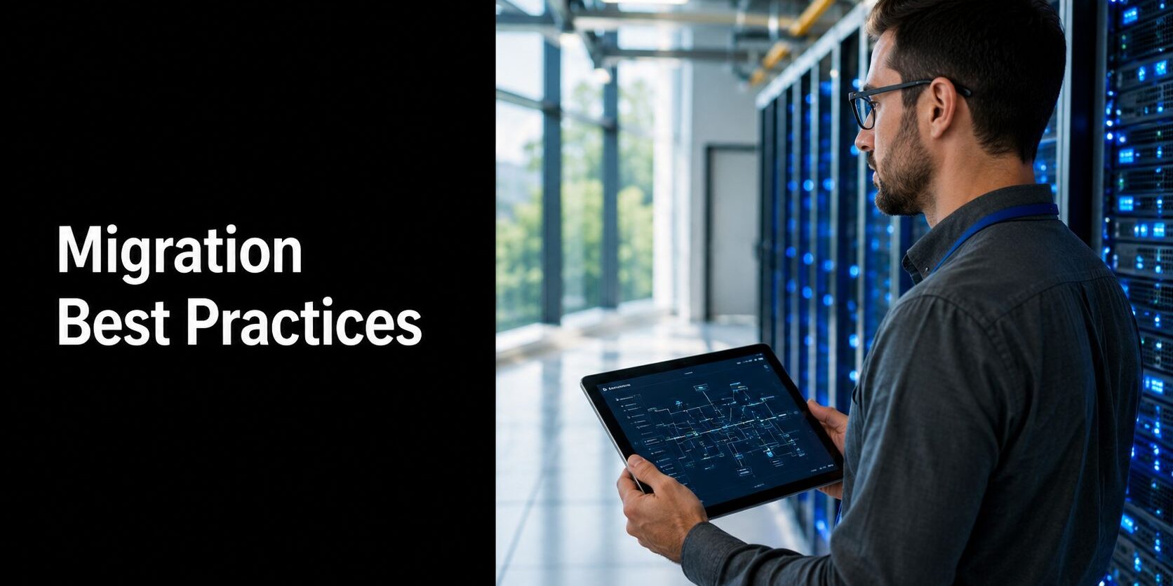 IT professional in a server room holds a tablet showing a network diagram beside 'Migration Best Practices'.
