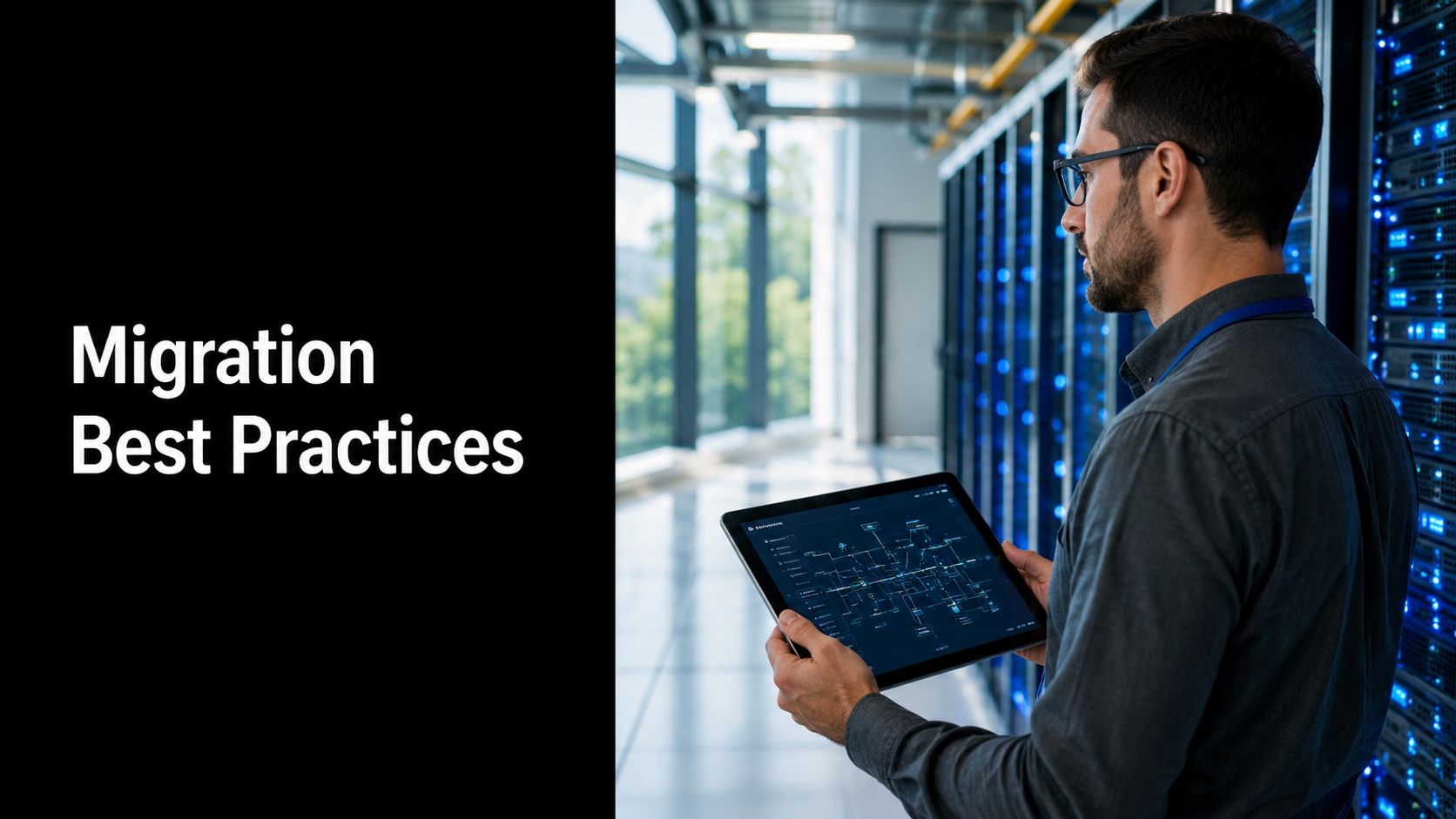 IT professional in a server room holds a tablet showing a network diagram beside 'Migration Best Practices'.