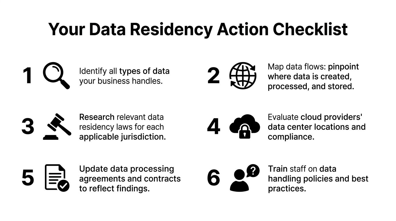 A six-step infographic checklist outlining essential actions for ensuring organizational data residency compliance.