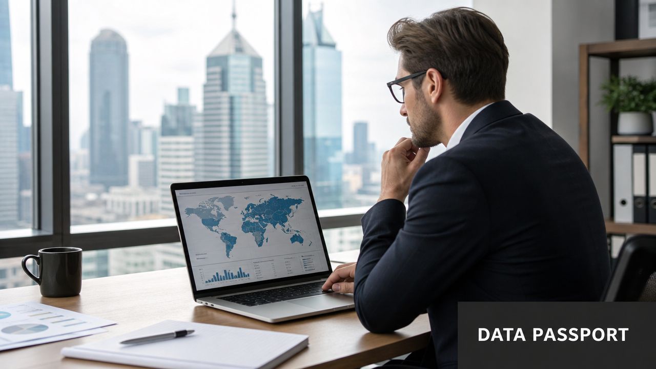 A businessman in a suit looks at a world map data visualization on his laptop in a modern office.