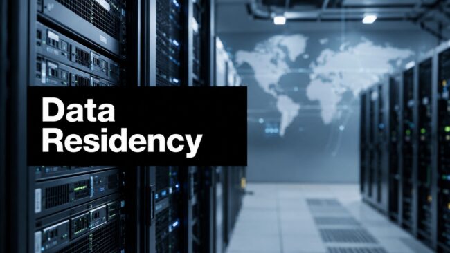 data-residency-requirements-server-room Data center with rows of server racks and a large 'Data Residency' label overlayed in the foreground