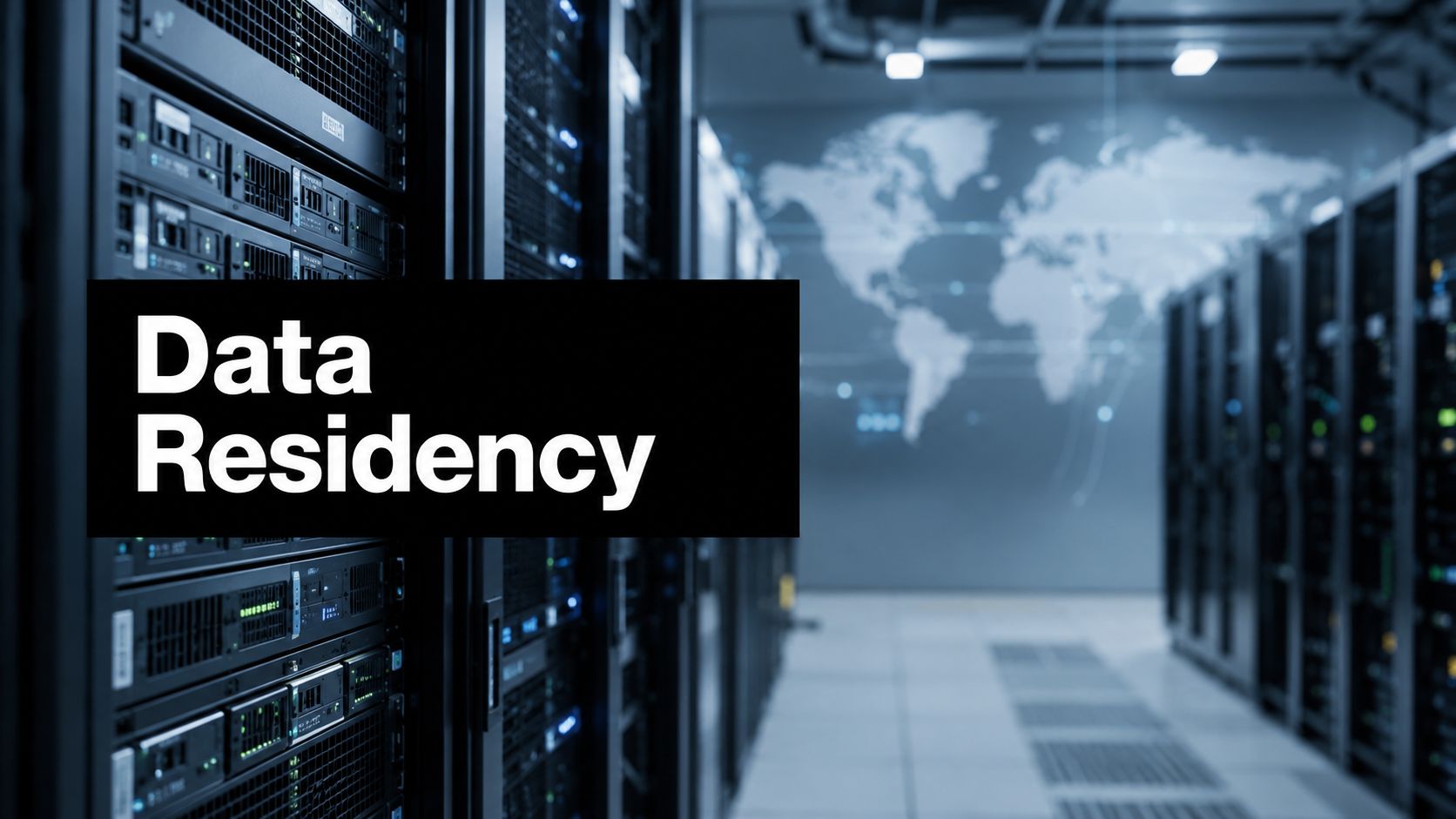 Data center with rows of server racks and a large 'Data Residency' label overlayed in the foreground