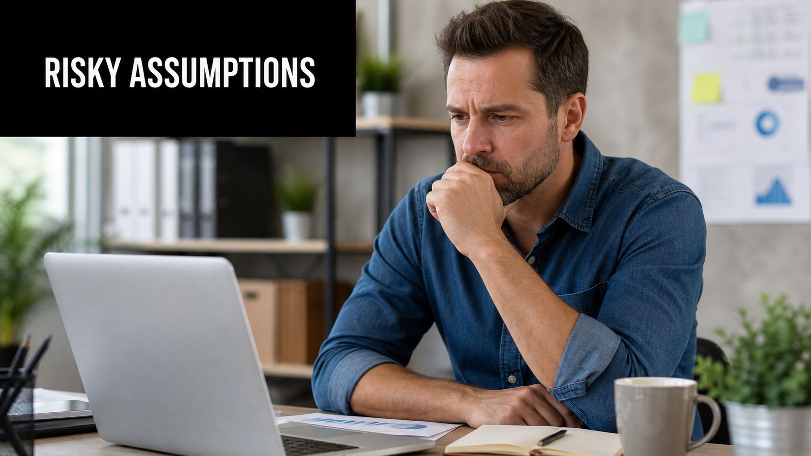 A concerned businessman looking at his laptop while working in an office with data charts.