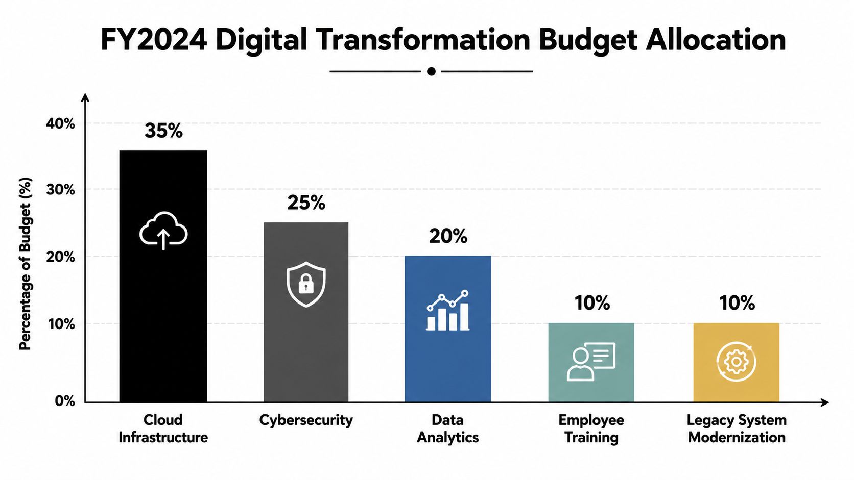 Bar chart showing the percentage breakdown of the fiscal year 2024 digital transformation budget allocation across five categories.