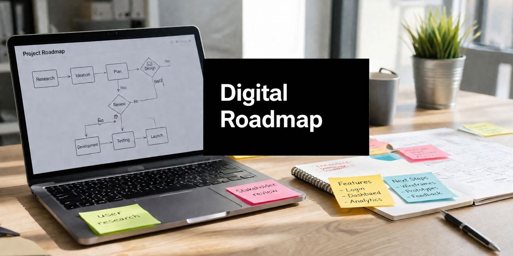 digital-transformation-roadmap-project-roadmap Laptop on a wooden desk showing a 'Project Roadmap' diagram with sticky notes nearby
