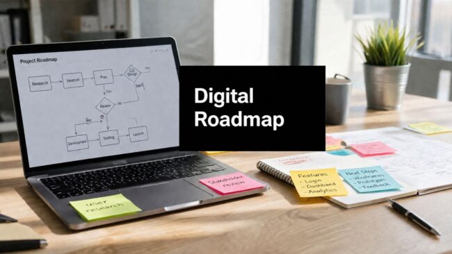 Laptop on a wooden desk showing a 'Project Roadmap' diagram with sticky notes nearby