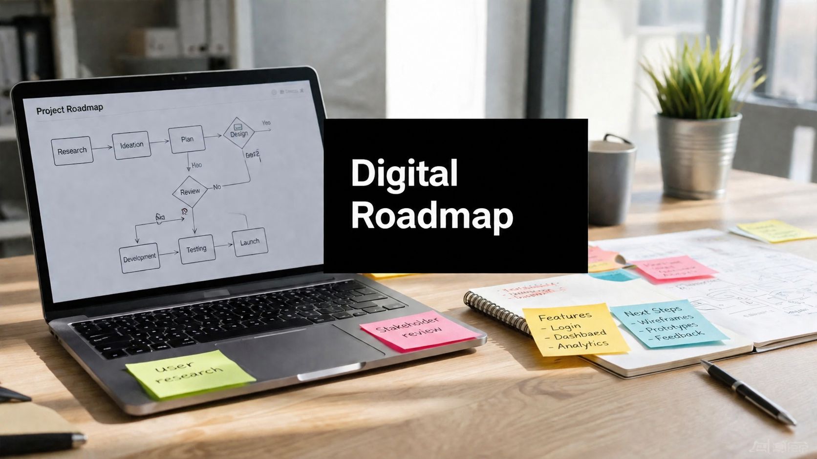 Laptop on a wooden desk showing a 'Project Roadmap' diagram with sticky notes nearby