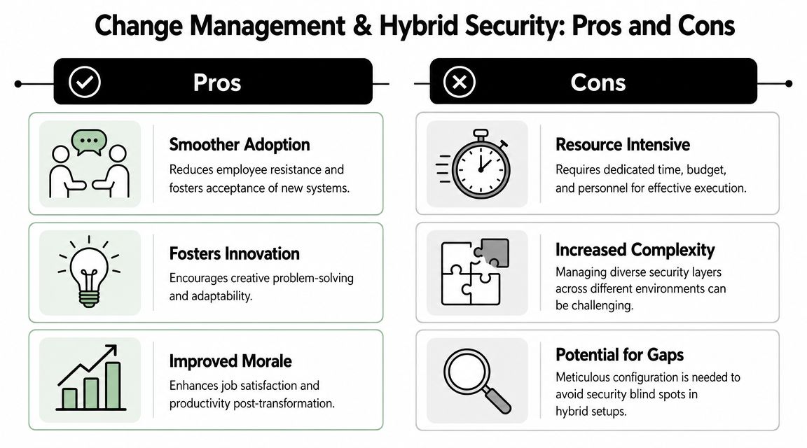 A comparison chart highlighting the pros and cons of change management in hybrid security environments.