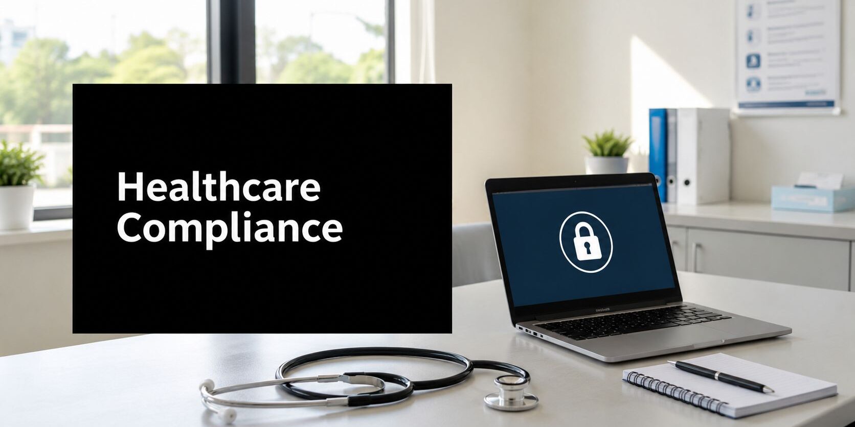 healthcare-compliance-solutions-data-security Sign reading 'Healthcare Compliance' on a desk in a medical office, with a laptop showing a lock icon nearby and a stethoscope on the table.