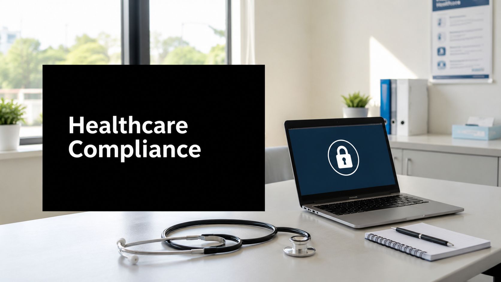 Sign reading 'Healthcare Compliance' on a desk in a medical office, with a laptop showing a lock icon nearby and a stethoscope on the table.