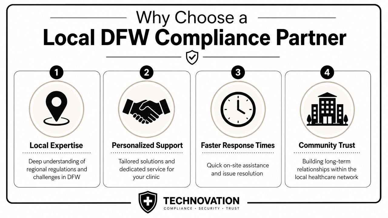 An infographic titled Why Choose a Local DFW Compliance Partner outlining four benefits of local healthcare compliance services.