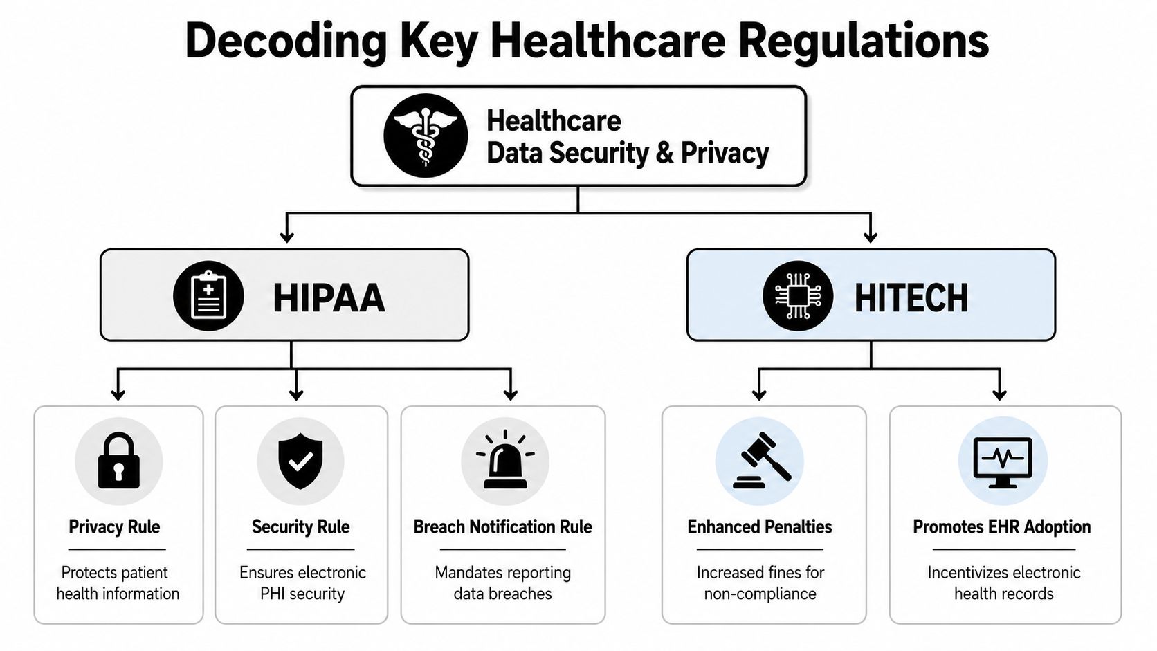 A flowchart explaining key healthcare regulations, showing how HIPAA and HITECH protect patient data and health records.