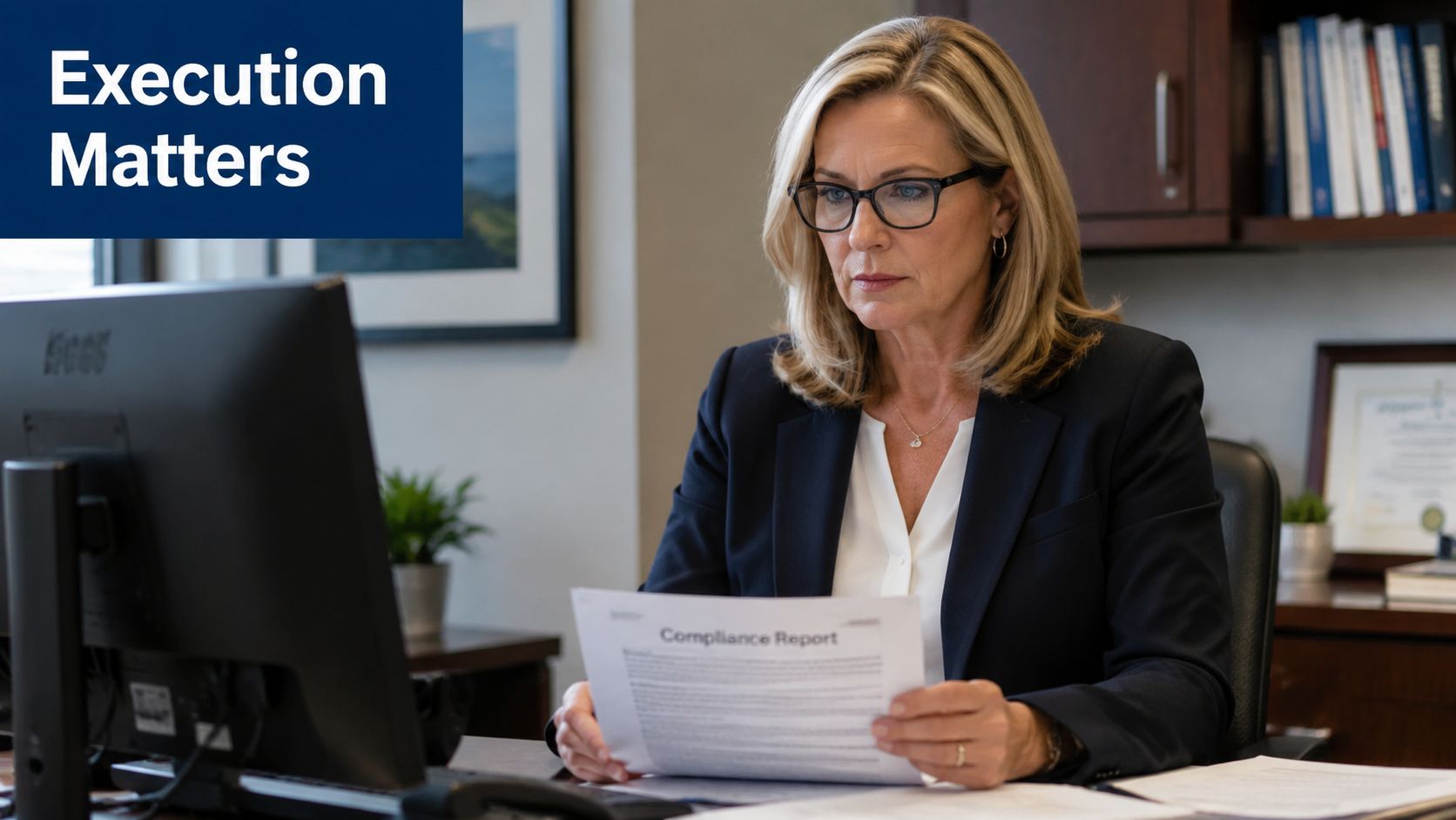A professional woman in a suit reviewing a compliance report while sitting at her office desk.