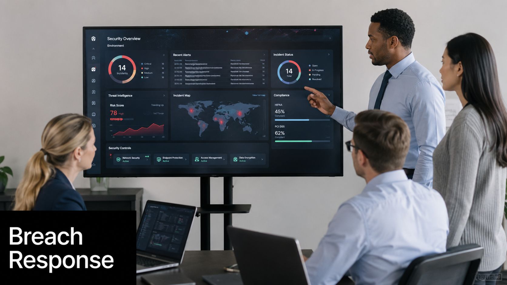 A professional team reviews cybersecurity breach response metrics on a large digital dashboard in an office.