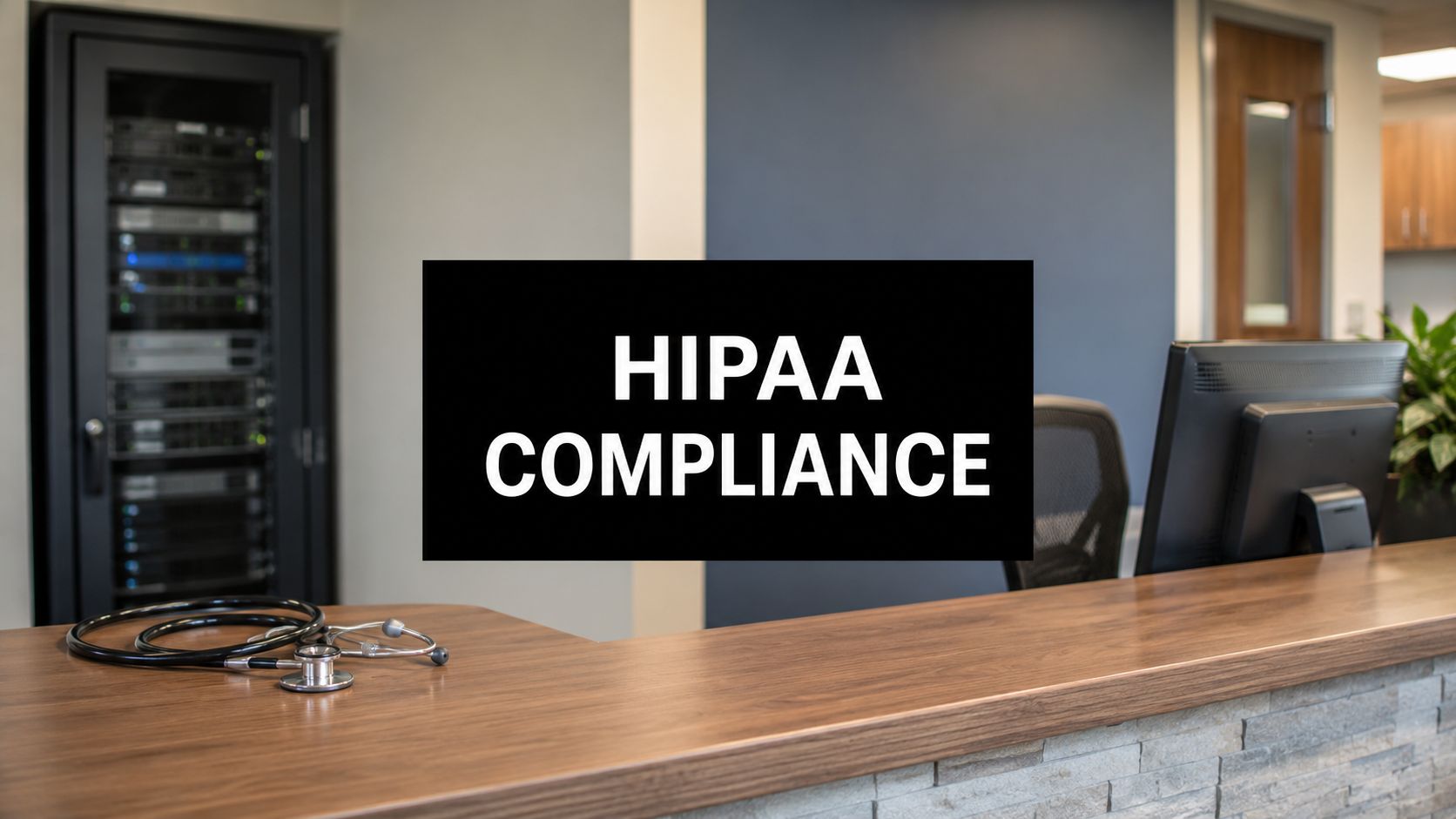 Reception desk with a black sign reading 'HIPAA COMPLIANCE' and a stethoscope on the counter, office servers in the background.
