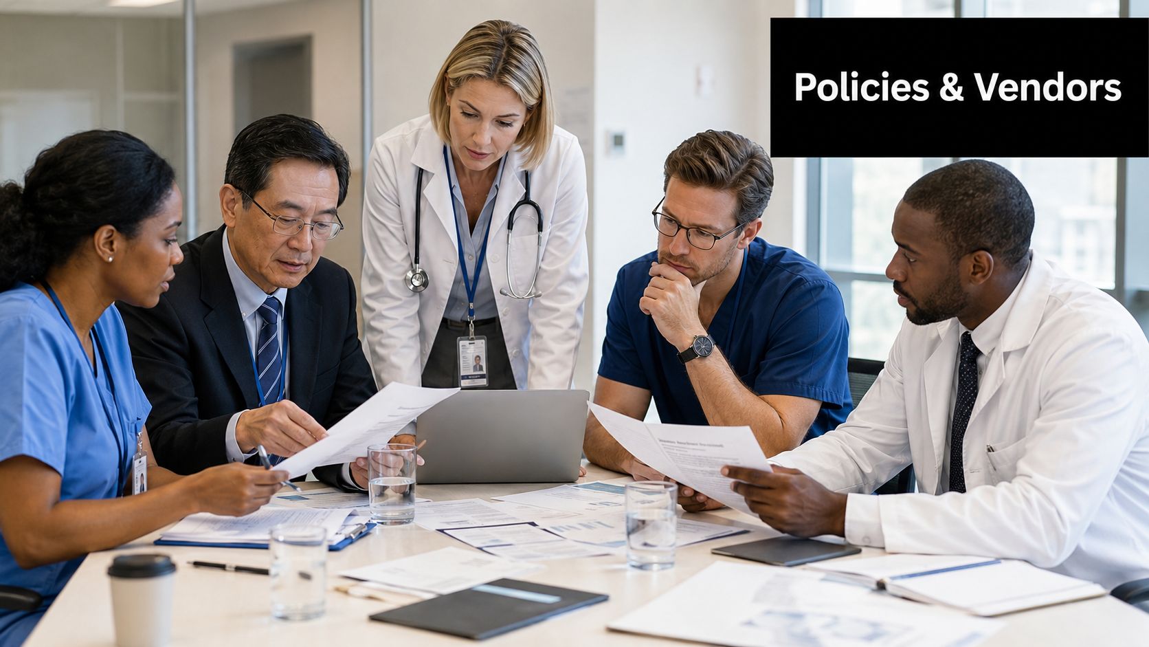 A professional medical team collaborates on documents and a laptop during a business meeting in an office.