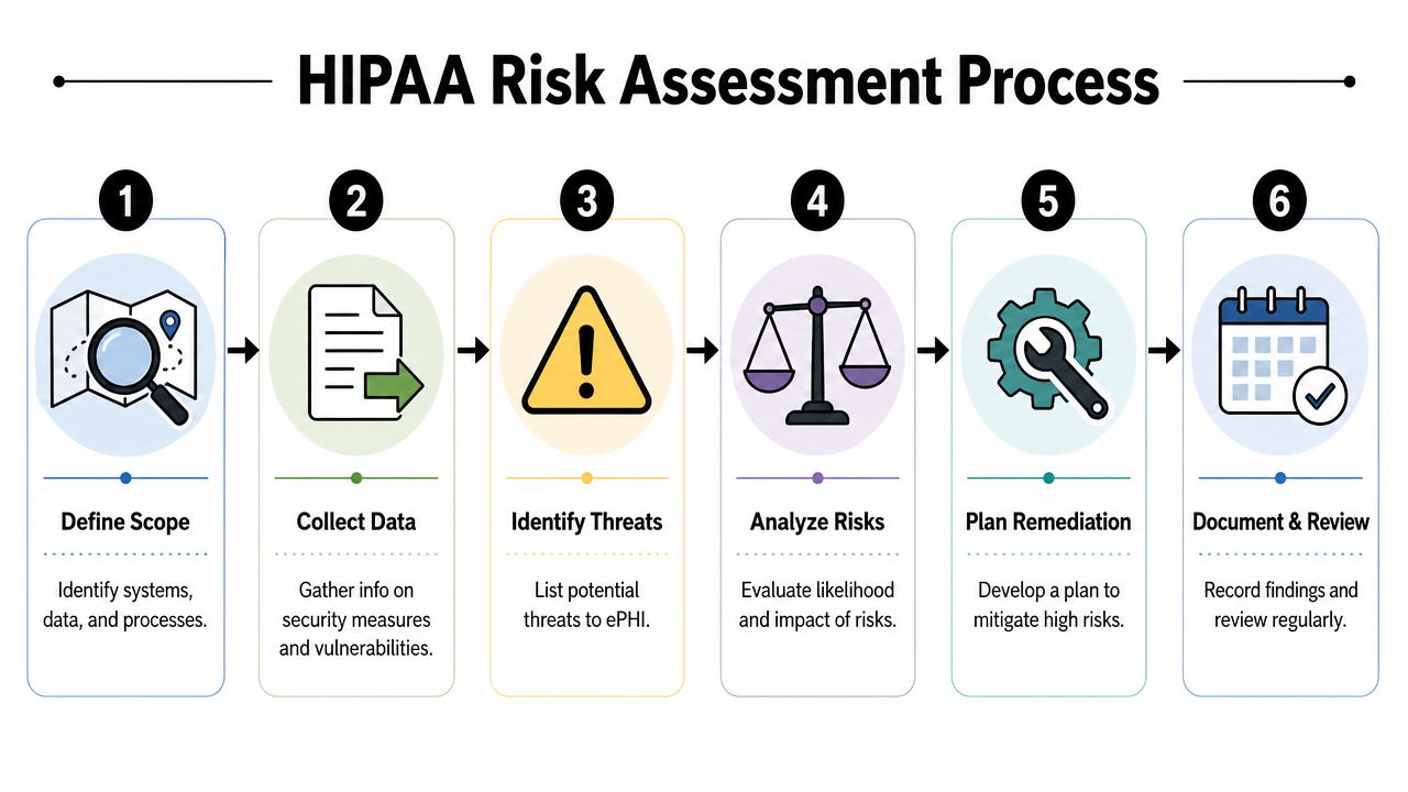 A six-step infographic illustrating the HIPAA risk assessment process for healthcare data security and compliance.