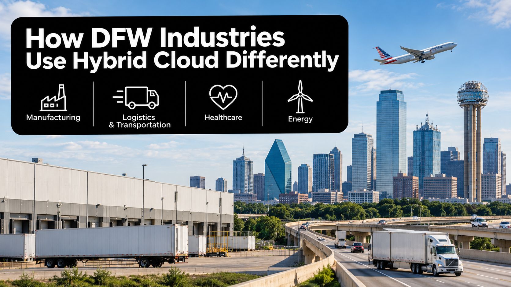 A graphic overlay about DFW industries using hybrid cloud, with icons for manufacturing, logistics, healthcare, and energy.