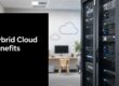 Black panel with the words 'Hybrid Cloud Benefits' beside rows of server racks in a data center area.