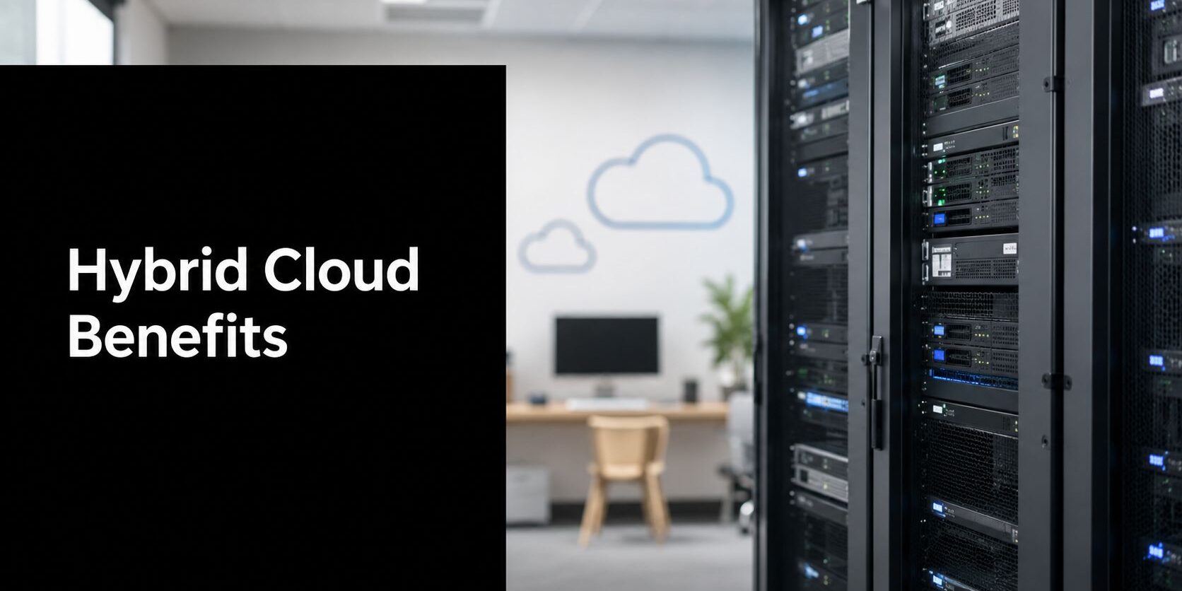 hybrid-cloud-benefits-server-rack Black panel with the words 'Hybrid Cloud Benefits' beside rows of server racks in a data center area.