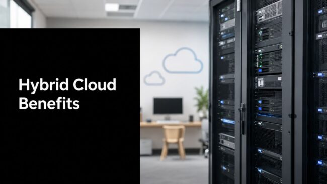 hybrid-cloud-benefits-server-rack Black panel with the words 'Hybrid Cloud Benefits' beside rows of server racks in a data center area.