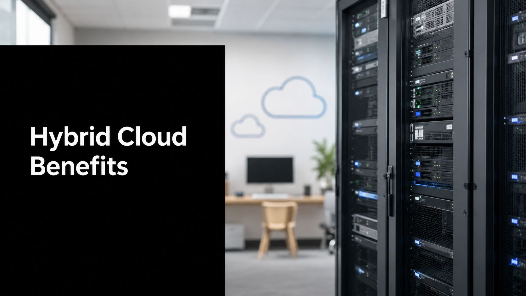 Black panel with the words 'Hybrid Cloud Benefits' beside rows of server racks in a data center area.