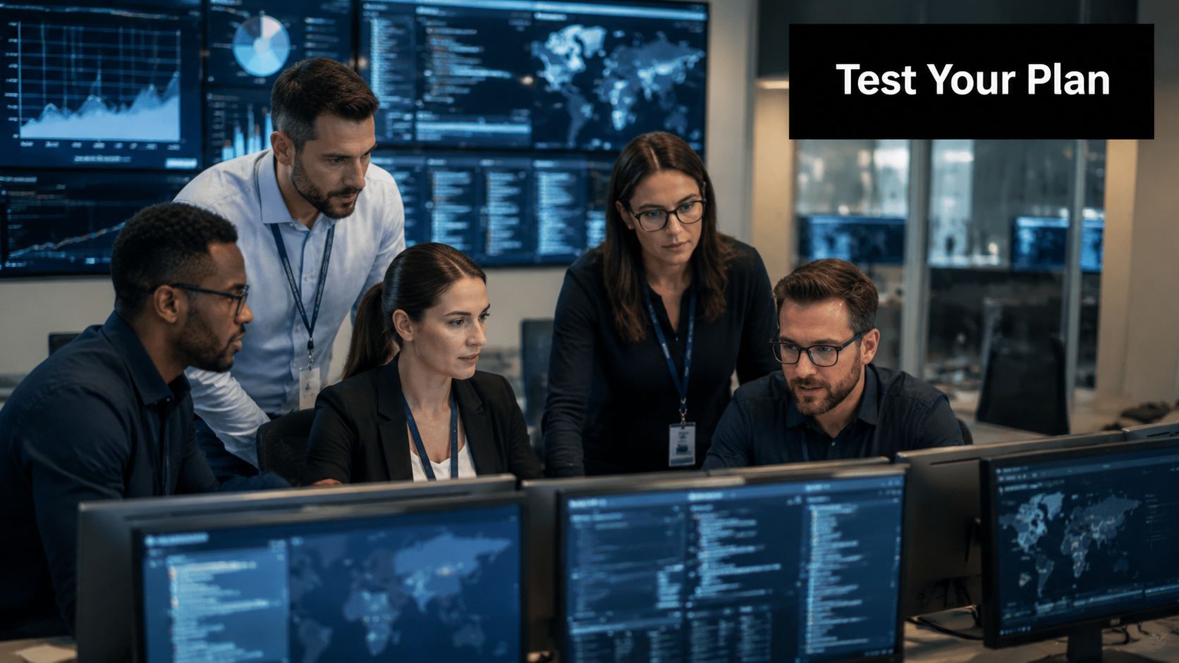 A professional team of cybersecurity analysts collaborating in a dark, high-tech command center monitoring digital security threats.