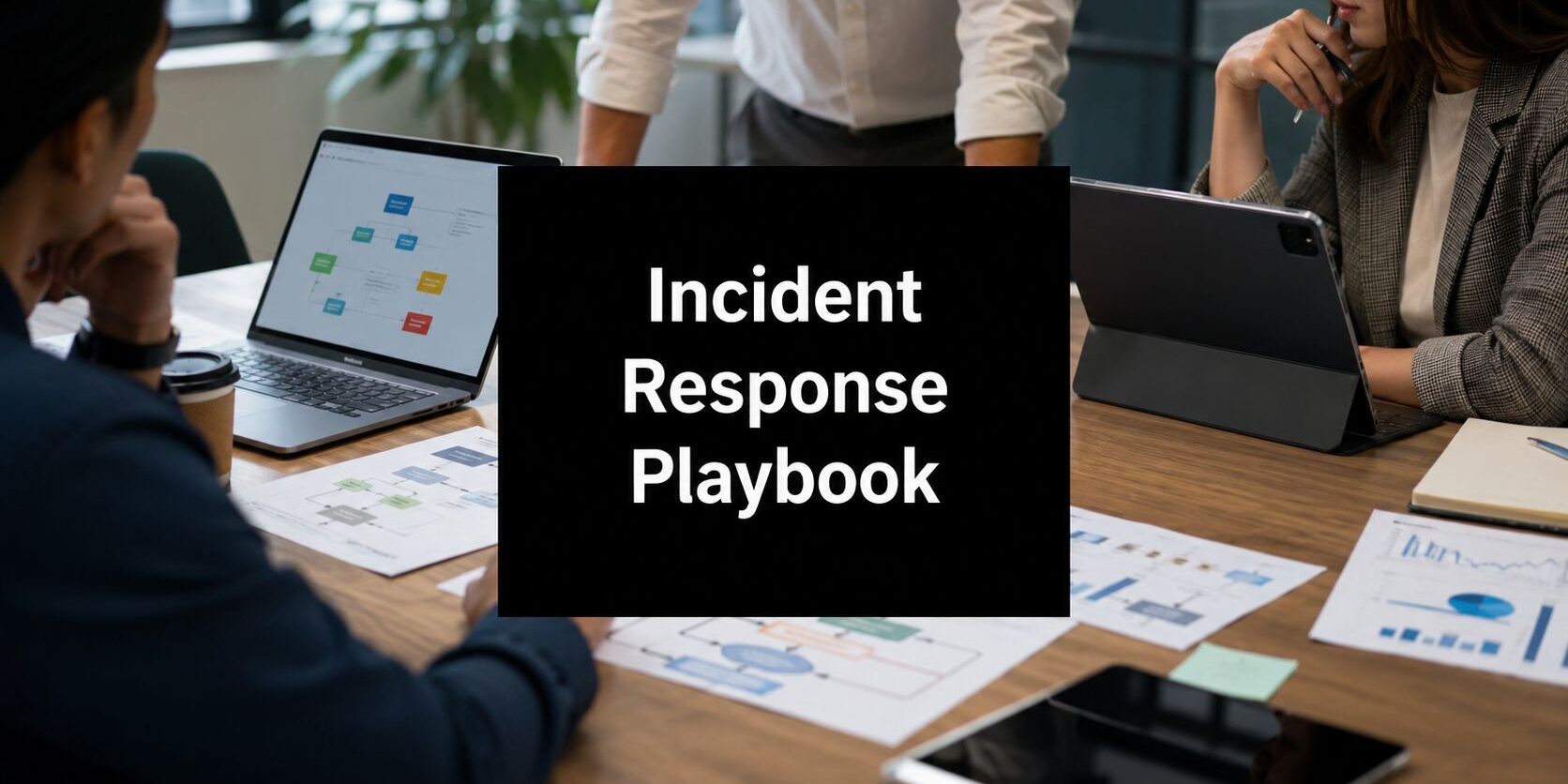incident-response-playbook-team-meeting A meeting scene with laptops and papers on a wooden table; a black card in the center reads 'Incident Response Playbook'.