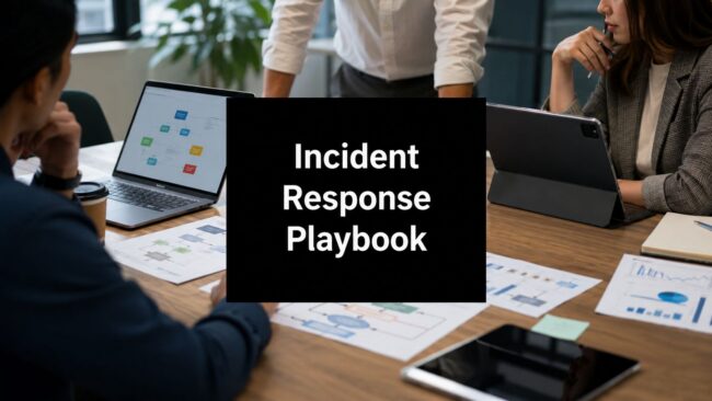 incident-response-playbook-team-meeting A meeting scene with laptops and papers on a wooden table; a black card in the center reads 'Incident Response Playbook'.