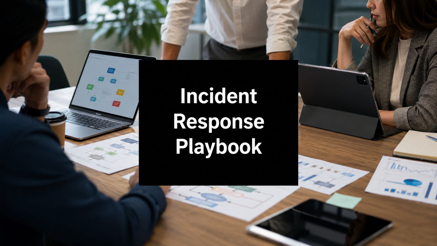A meeting scene with laptops and papers on a wooden table; a black card in the center reads 'Incident Response Playbook'.
