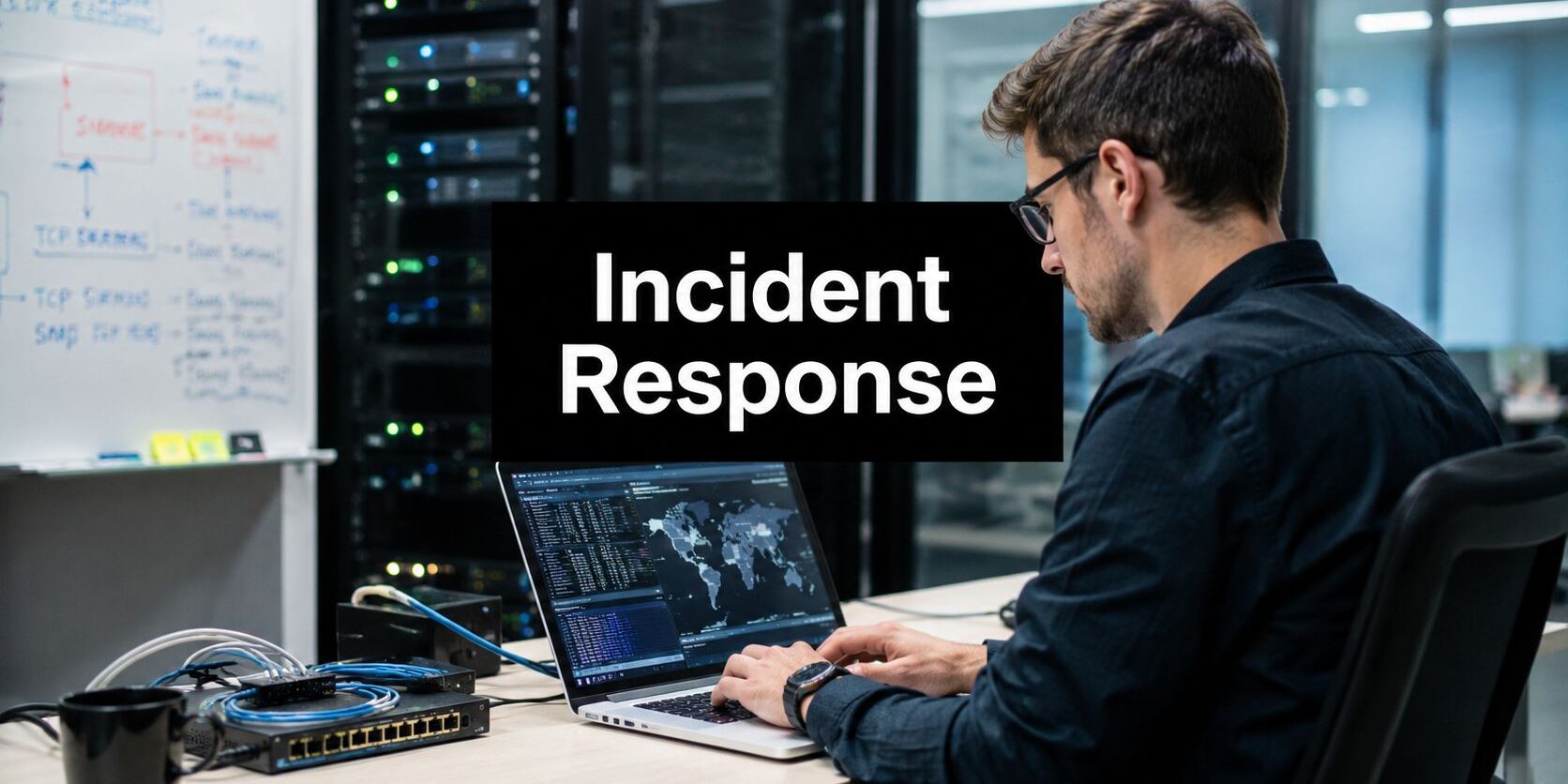 IT professional in a server room typing on a laptop with 'Incident Response' displayed prominently in the foreground.