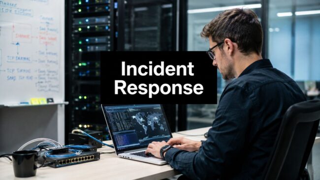 IT professional in a server room typing on a laptop with 'Incident Response' displayed prominently in the foreground.
