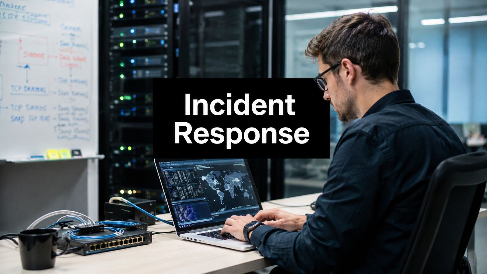 IT professional in a server room typing on a laptop with 'Incident Response' displayed prominently in the foreground.
