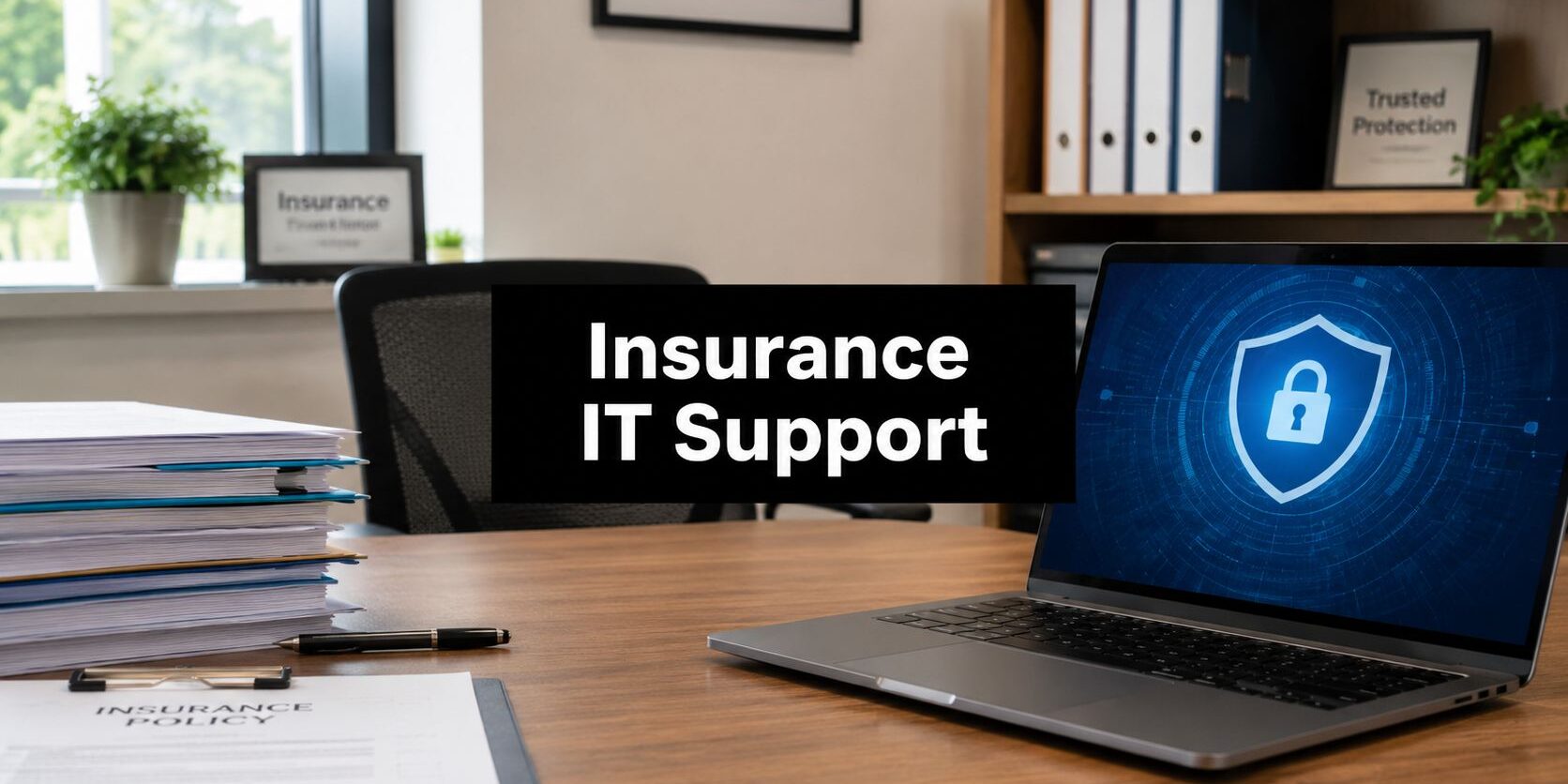 Office desk with a bold sign reading 'Insurance IT Support' in front of a laptop displaying a blue shield security graphic on the screen.